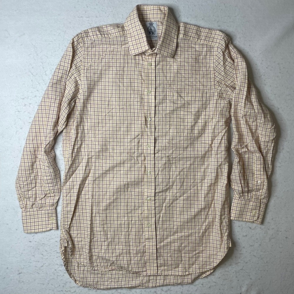 Cordings Button Down Shirt Mens 16 Cream Plaid Long Sleeve 100% Cotton